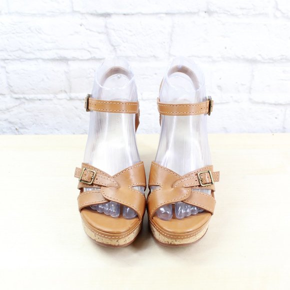 LL BEAN Brown Leather Cork Platform Wedge Ankle Strap Sandals Size 7 M - Picture 5 of 9